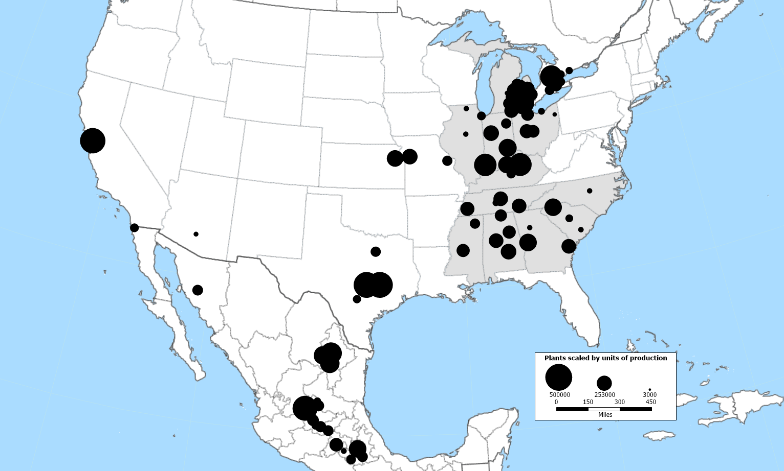 Figure 1, panel B is a map of production locations of light vehicles across North America in 2029, based on forecast data from S&P Global Mobility. The black dots representing light vehicle assembly plants are scaled to reflect their output.