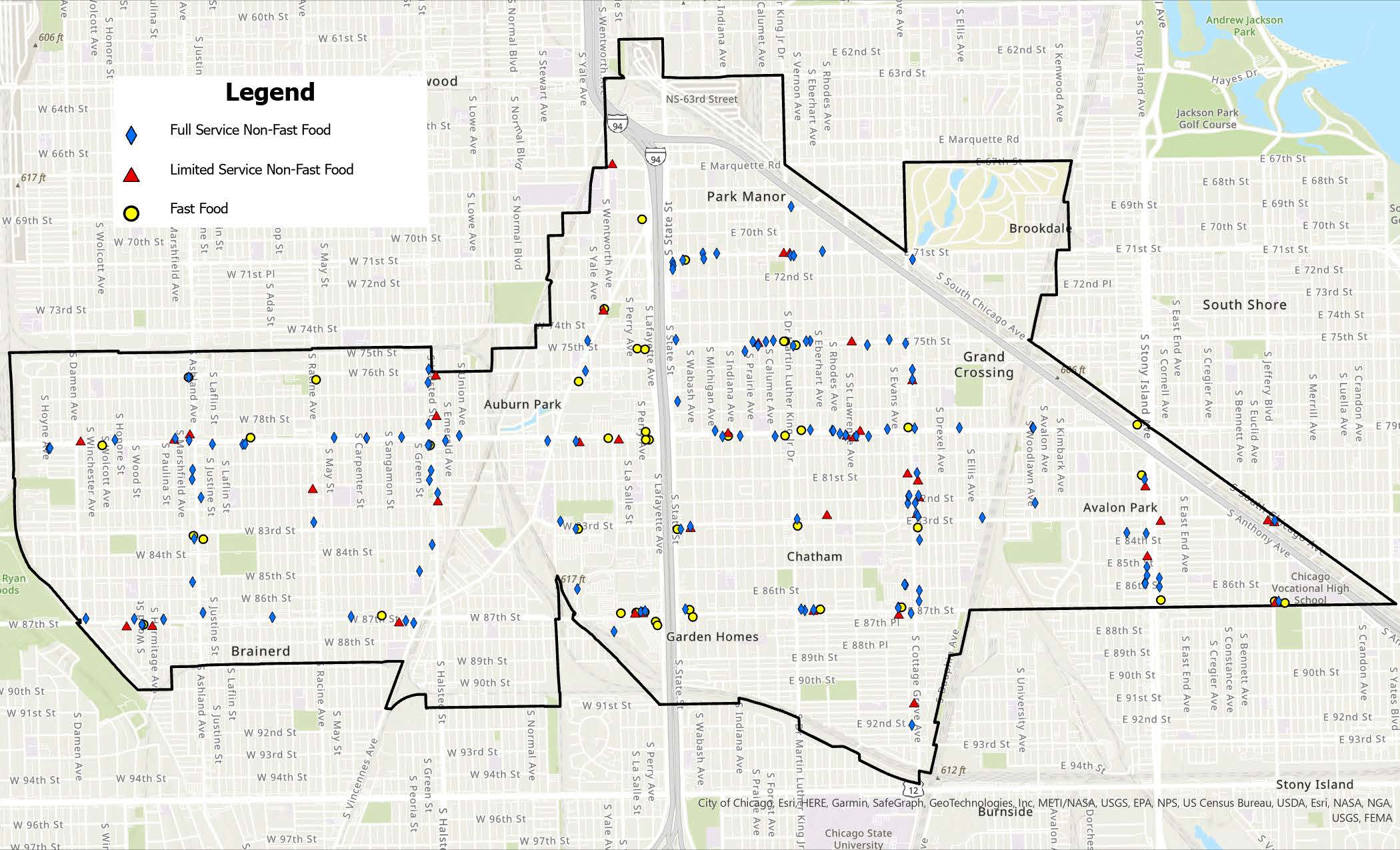 Figure 3 is a street-level map of the Greater Chatham neighborhood. The map shows the location of full-service, limited service (non-fast-food) and fast-food restaurants in 2023.