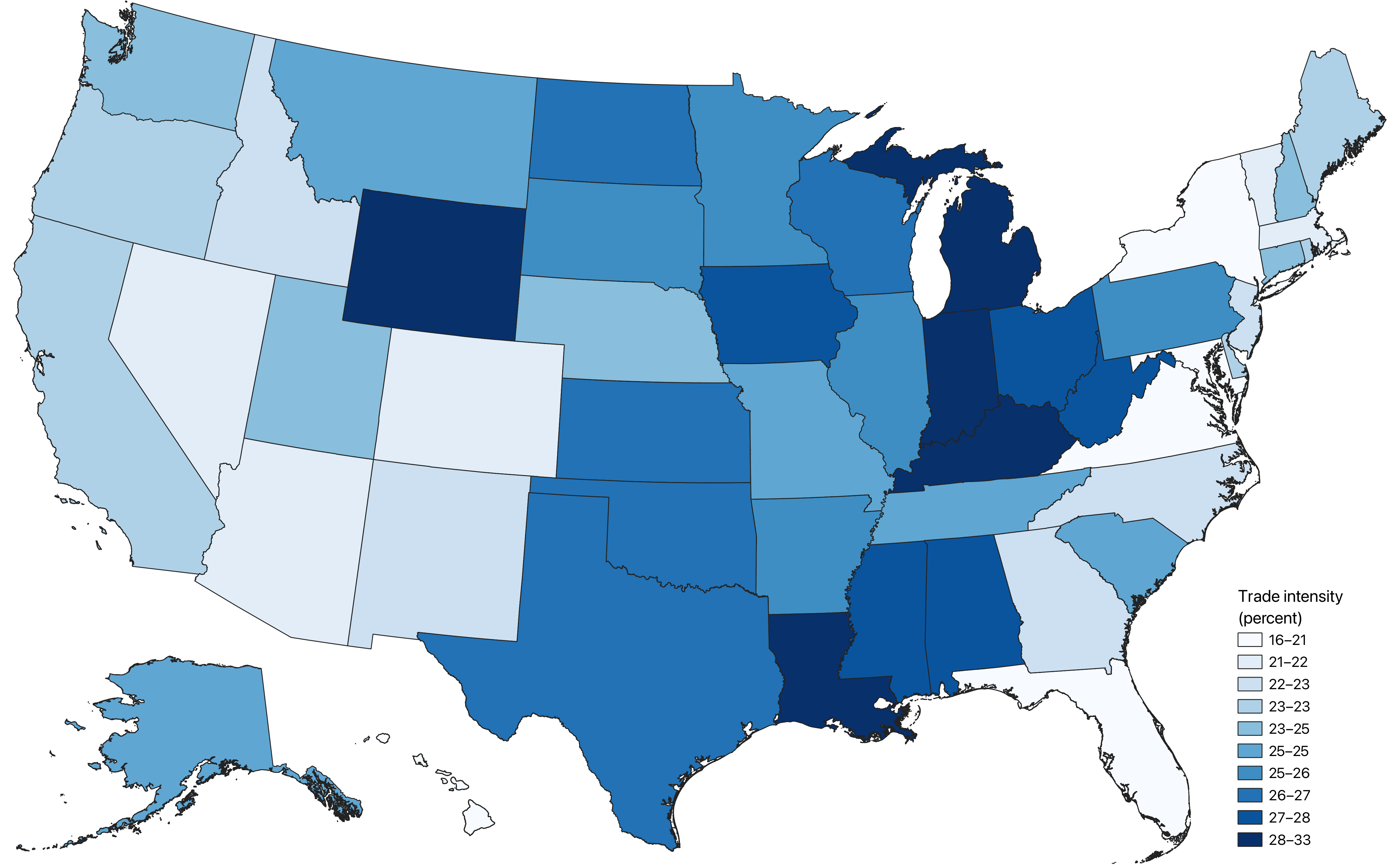 Figure 1 is a map of all 50 states of the United States of America (and the District of Columbia), with states’ trade intensity levels represented by a color scale ranging from white for lowest trade intensity to darkest blue for highest trade intensity. Indiana, Kentucky, Louisiana, Michigan, and Wyoming are all in the darkest blue. 