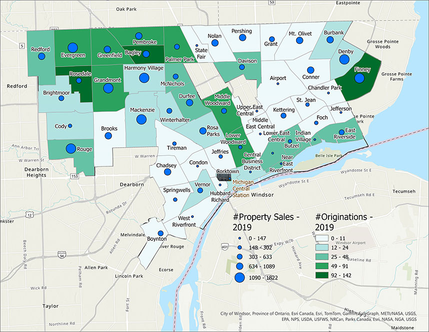 Figure 5, panel A is a map that displays the geographic distribution of property sales and mortgage originations in the city of Detroit in 2019. Property sales were strongest in Northwest Detroit and in neighborhoods bordering Grosse Pointe on Detroit’s east side. Higher mortgage originations did not necessarily correlate with high property sales volumes. For instance, mortgage originations were relatively high along the Woodward Avenue corridor (Palmer Park, Middle Woodward, Lower Woodward), whereas property sales were soft.