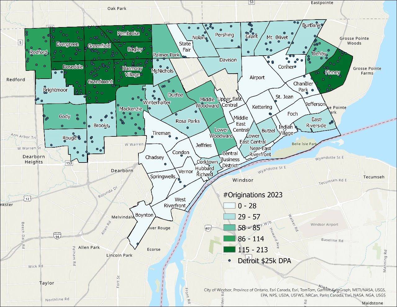 Figure 5, panel B is a map that displays the geographic distribution of participants in Detroit’s Down Payment Assistance (DPA) program during 2023 and how they correlate with mortgage originations in Detroit’s neighborhoods. For instance, the more densely populated dark blue dots and the darker shades of green in Northwest Detroit indicate higher DPA participation and a greater number of mortgage originations there.