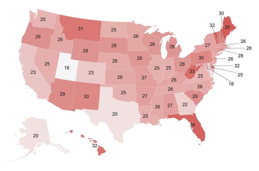 Figure 5 is a map of the United States showing the elderly dependency ratio—the number of adults age 65 and older for every 100 working-age people—by state for the 2019–23 five-year estimation period. The map uses a sequential red color scale where darker shades indicate higher ratios and lighter shades indicate lower ratios, with each state labeled with its specific value. The highest elderly dependency ratios are heavily concentrated in the Northeast, parts of the Midwest, and select retirement destinations, led by Maine at 35, Florida at 34, West Virginia at 33, and Vermont and Hawaii both at 32. Conversely, the lowest ratios are generally clustered in the West, with Utah and Washington, DC, both showing the lowest ratios at 18, followed by Texas and Alaska both at 20.