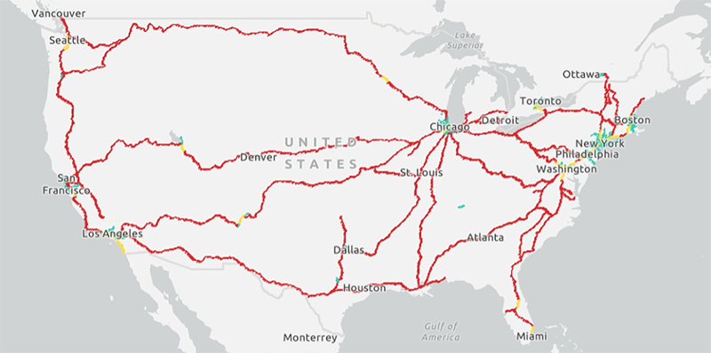 Figure 3 is a map showing the freight rail main lines across the United States.