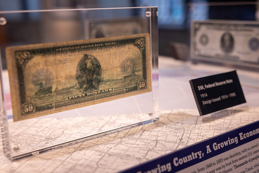 A $50 bill that is a part of the Route 66 exhibit