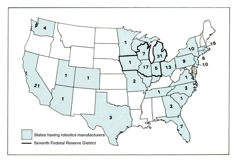 Figure 1 is a map showing the states which housed robotics manufacturers in 1986. Michigan tops the list, with 31 manufacturers, followed by California with 21 and Illinois with 17 manufacturers.