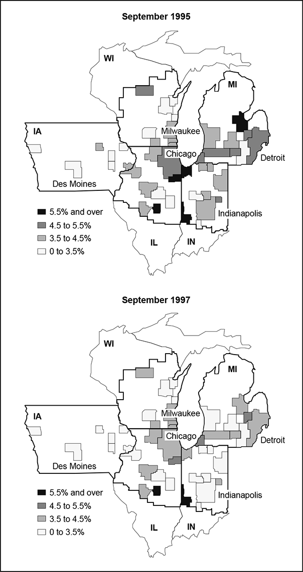 Figure 3 is a map showing unemployment rates in Midwest metropolitan areas in September 1995 and September 1997. Areas of highest unemployment in 1997 were Decatur, IL, and Terra Haute, IN, which both had over 5.5% unemployment.
