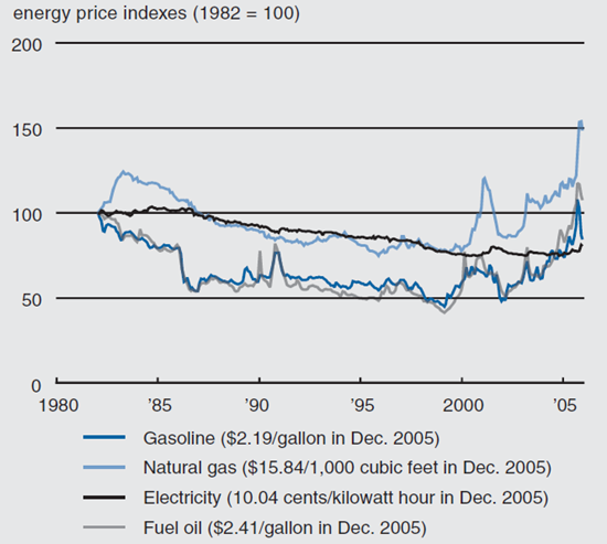 Figure 1 depicts the real monthly energy prices in the US from 1982 to 2005, including gasoline, natural gas, electitricty, and fuel oil.