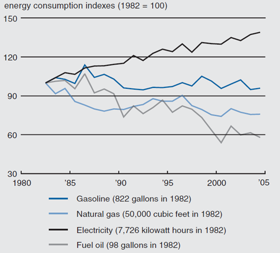 Figure 2 depicts the annual household energy consumption from 1982 to 2005, including for gasoline, natural gas, electricity, and fuel oil.