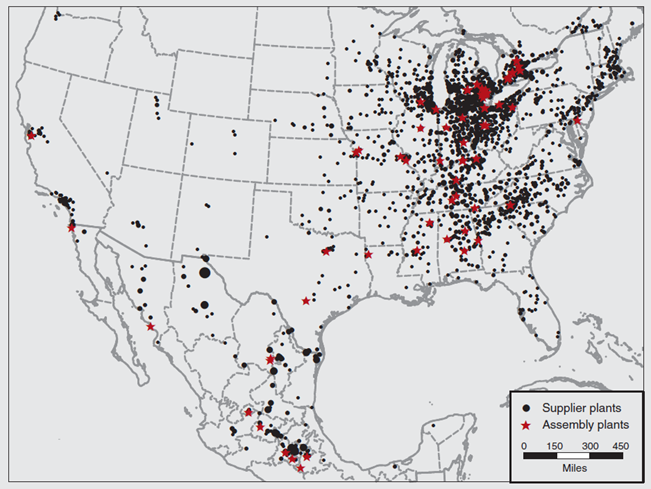 Figure 2 depicts the locations of auto parts supplier plants and assembly plants in North America.
