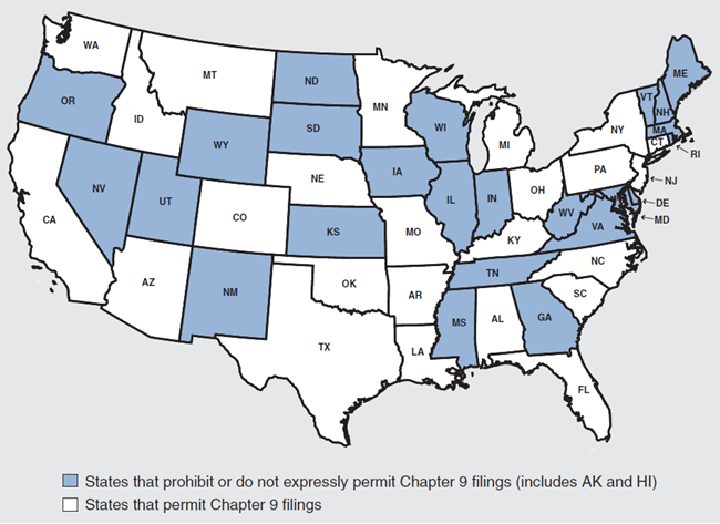 Figure 2 is a map of the US that shows the municipal eligibility for Chapter 9 filings by state.