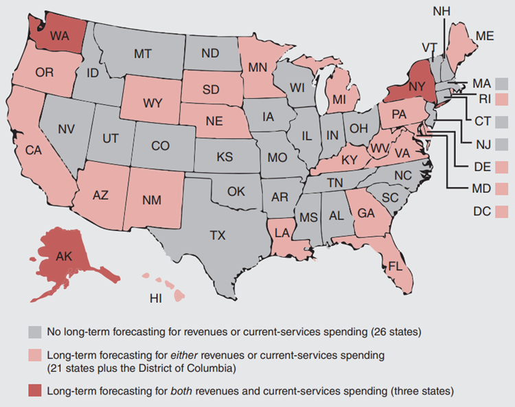Figure 1 is a maps of the US, which depicts states that have no long-term forecasting for revenues or current-services spending (26 states), states that have long-term forecasting for either revenues or current-services spending (21 states plus the District of Columbia), and states that have long-term forecasting for both revenues and current-services spending (3 states).