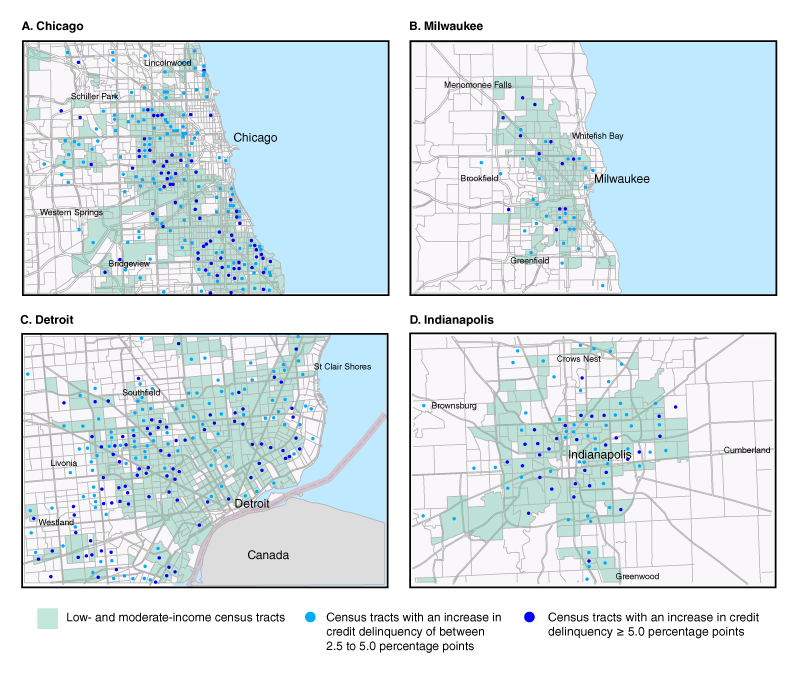 Figure 5 includes 4 panels. Each panel is a map of a city in the Seventh District, including Chicago, Detroit, Indianapolis, and Milwaukee. The maps depict which Census tracts are LMI, and which have experienced an increase in credit card delinquency during the pandemic period. In all four cities, there is a significant overlap; the vast majority of tracts with large increases in delinquency are LMI tracts.