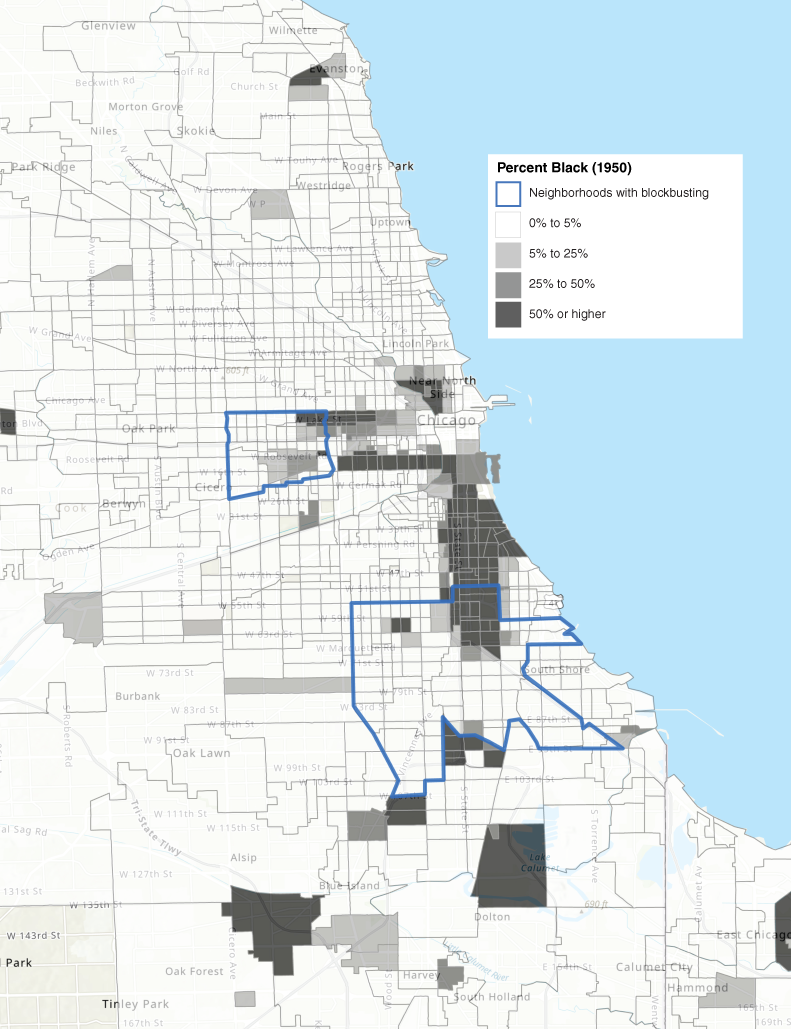 Figure 1 is a map of Chicago depicting neighborhoods that experienced a blockbusting event in the 1950s or 1960s and the share of Black residents in each U.S. census tract in 1950. Neighborhoods that experienced a blockbusting event are concentrated in two main clusters on the West and South Sides of Chicago. A significant share of the city’s neighborhoods experienced a blockbusting event.
