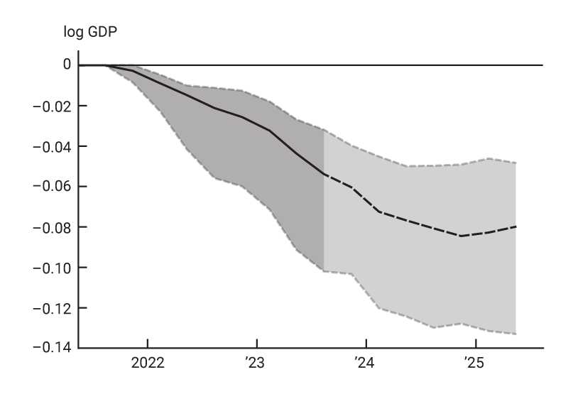 Figure 2, panel C is a line chart showing the difference between the log level of real GDP in the data and in our counterfactual simulation from the fourth quarter of 2021 through the third quarter of 2025. Beginning in the fourth quarter of 2023, this difference relies on model forecasts. The median estimate declines from zero to about –9% in late 2024 before leveling out. The interquartile range of uncertainty around this estimate gradually increases over the period.