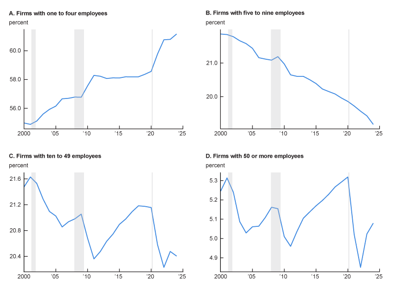 Figure 2 features four panels, each a line chart plotting a firm size category’s share of total firms from the first quarter of 2000 through the first quarter of 2024. The firm size categories are one to four employees (panel A), five to nine employees (panel B), ten to 49 employees (panel C), and 50 or more employees (panel D).