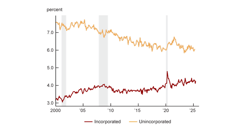 Figure 5, panel A is a line chart that plots the percentage of the employed who report being unincorporated self-employed and the percentage of the employed who report being incorporated self-employed from January 2000 through April 2025.