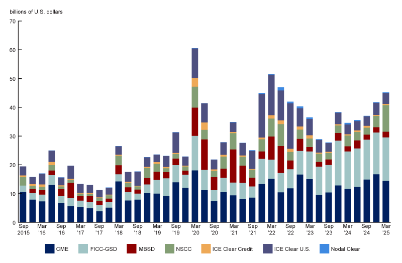 Figure 4 is a stacked bar chart showing the maximum variation margin processed by each CCP each quarter from September 2015 through March 2025. The quarterly size of these flows has been generally increasing over time, but there have been large spikes, including one in the first quarter of 2020, when peak variation margin processed by the CCPs totaled approximately $60 billion.