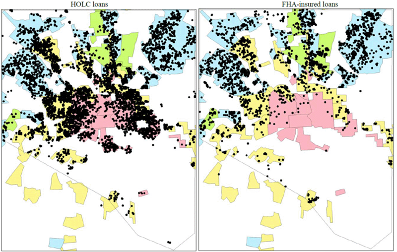 Figure 1 shows two maps of Baltimore.  Superimposed on each map are the neighborhoods as demarcated and graded by the HOLC in 1937, shaded in four different colors according to the grades from A to D.  In addition, the first map shows the location of each HOLC loan made from 1933 to 1936, and the second map shows the location of each loan insured by the FHA from 1935 to 1940.  One of the most striking differences between the two maps is that while there are many HOLC loans located in Baltimore’s innermost D-graded neighborhoods, there are very few FHA-insured loans in such neighborhoods.