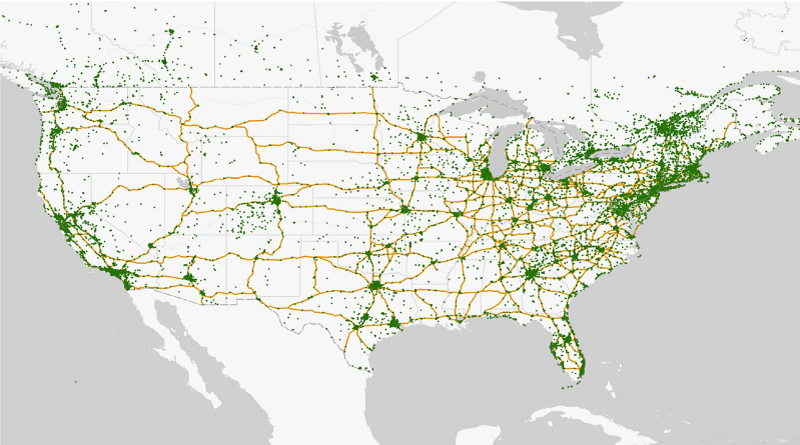 Figure 4 is a map showing the distribution of all public charging stations for electric vehicles across the contiguous United States, along with the distribution of some charging stations across parts of Canada.