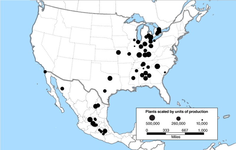 Figure 5 is a map of production locations of light ICE vehicles across North America in 2021. The black dots representing ICE vehicle assembly plants are scaled to reflect their production volume.