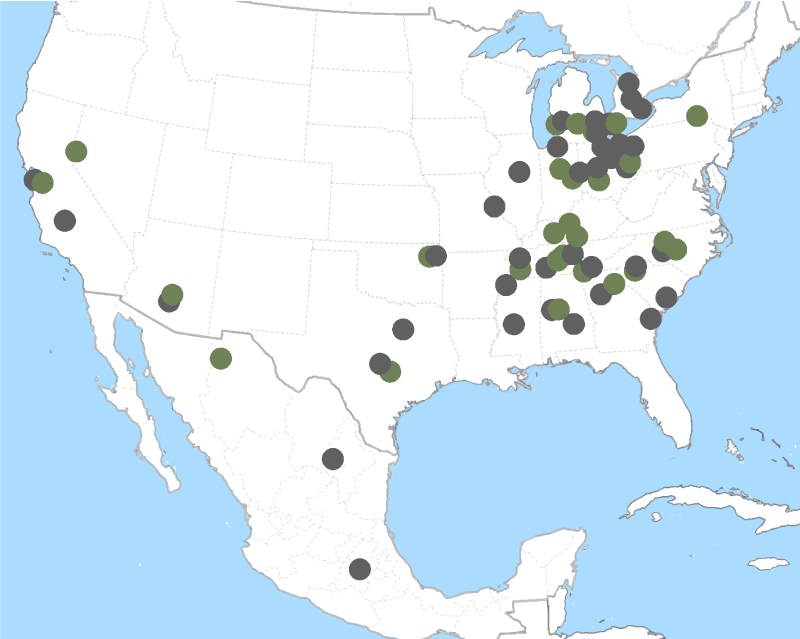 Figure 7 is a map showing the current and future locations of production plants for battery electric vehicles, as well as the electric batteries required for them, across North America.