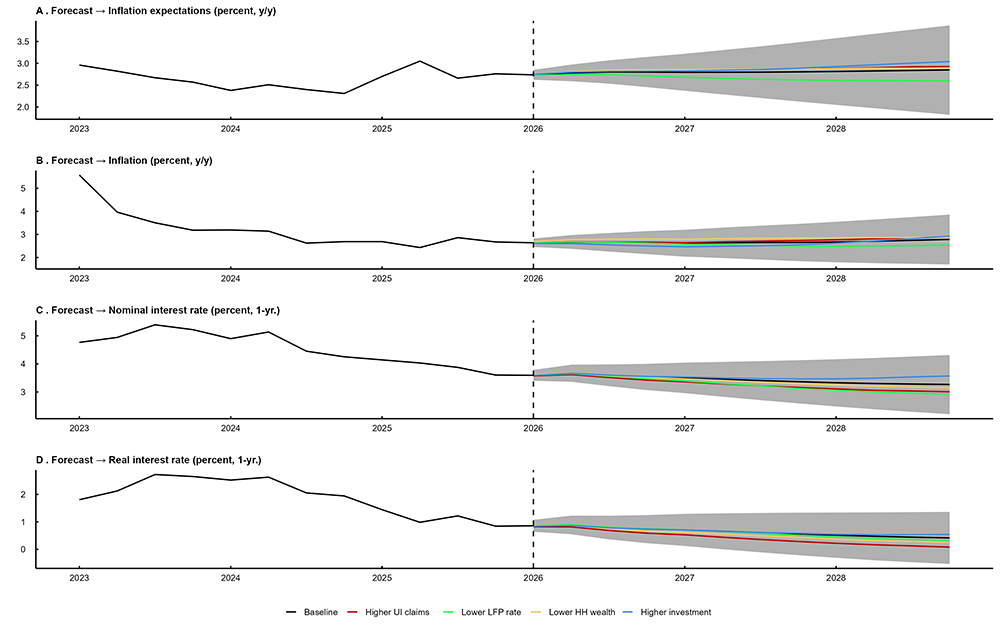 Figure 10 (a line chart) presents several conditional forecasts for U.S. inflation and interest rates from 2026 through 2028 (period to the right of the dashed vertical black line). It uses a baseline scenario (black line) and compares it to four alternative scenarios described in the main text.