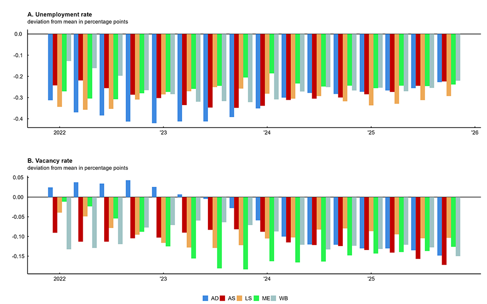 Figure 6 (a bar chart) presents a historical decomposition of the U.S. unemployment and vacancy rates from 2022 through 2025. It breaks down how five different types of economic shocks caused these indicators to deviate from their long-term means: 1) labor supply (LS), 2) match efficiency (ME), 3) wage bargaining (WB), 4) aggregate supply (AS), and 5) aggregate demand (AD).